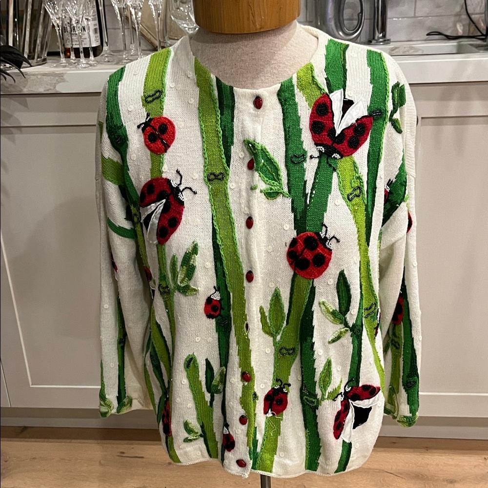 EUC Design Options linen cotton blend white long sleeve ladybug design cardigan